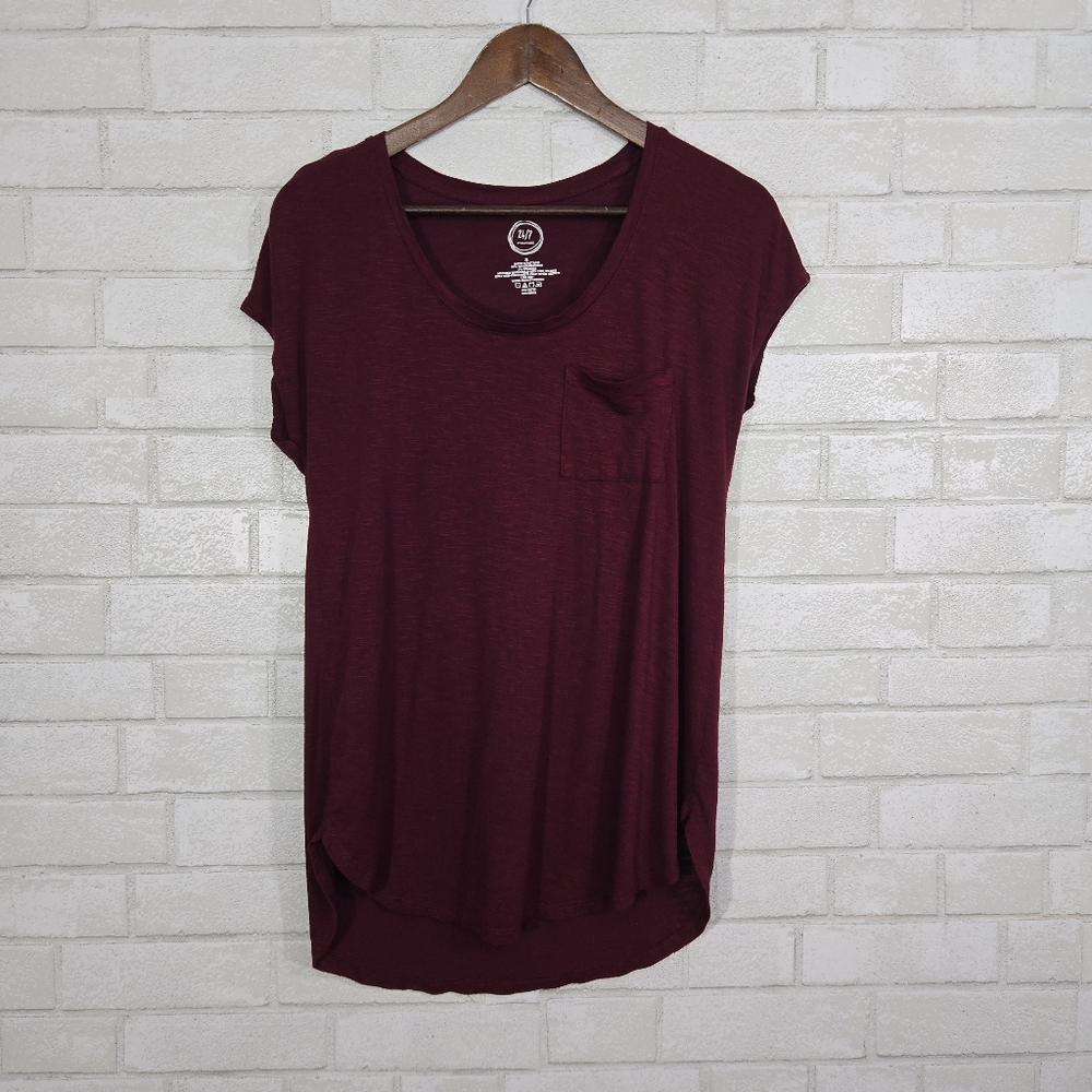 Scoop Neck Short Sleeve Pocket Tee - Burgundy